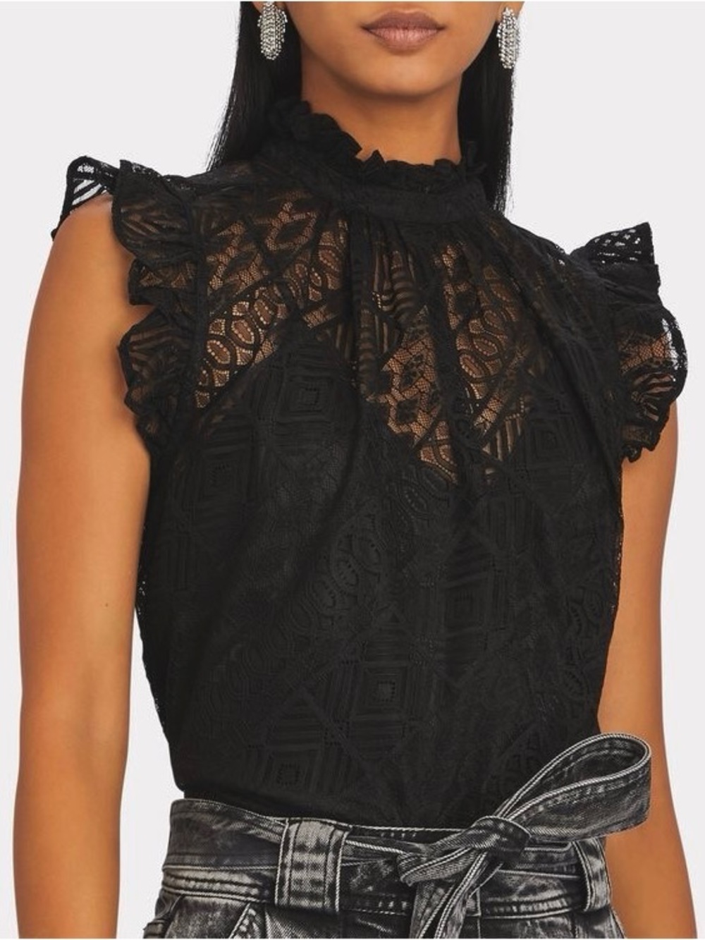 FRAME Mock Neck Geo Lace Sheer Ruffle Sleeve Button Back Blouse - Size Medium